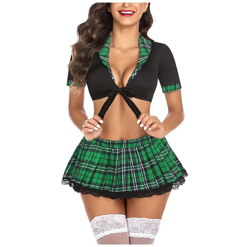 School Girl Lingerie Set for Women Two Piece Lingerie Outfits Sexy Lingerie with Tie Top and Plaid Mini Pleated Skirt, Suitable for Women Wedding Anniversary, Halloween, Valentine'S Day, Christmas Gift