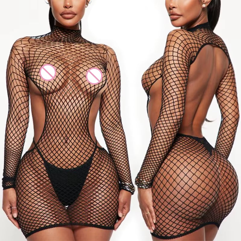 Women Fishnet Long Sleeve Bodycon Underwear Bodysuits Mesh Hollow Mini Dresses Sexy Crotchless Lingerie Erotic Teddies Bodysuit
