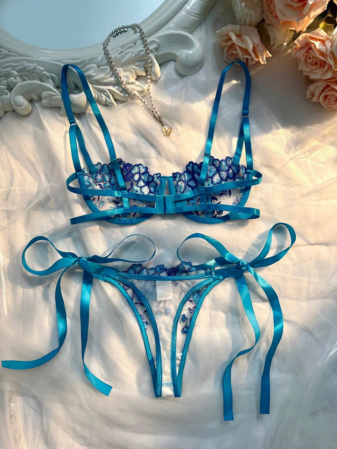 2Pcs/Set Sky Blue Embroidered Strap Ladies Sexy Lingerie Set