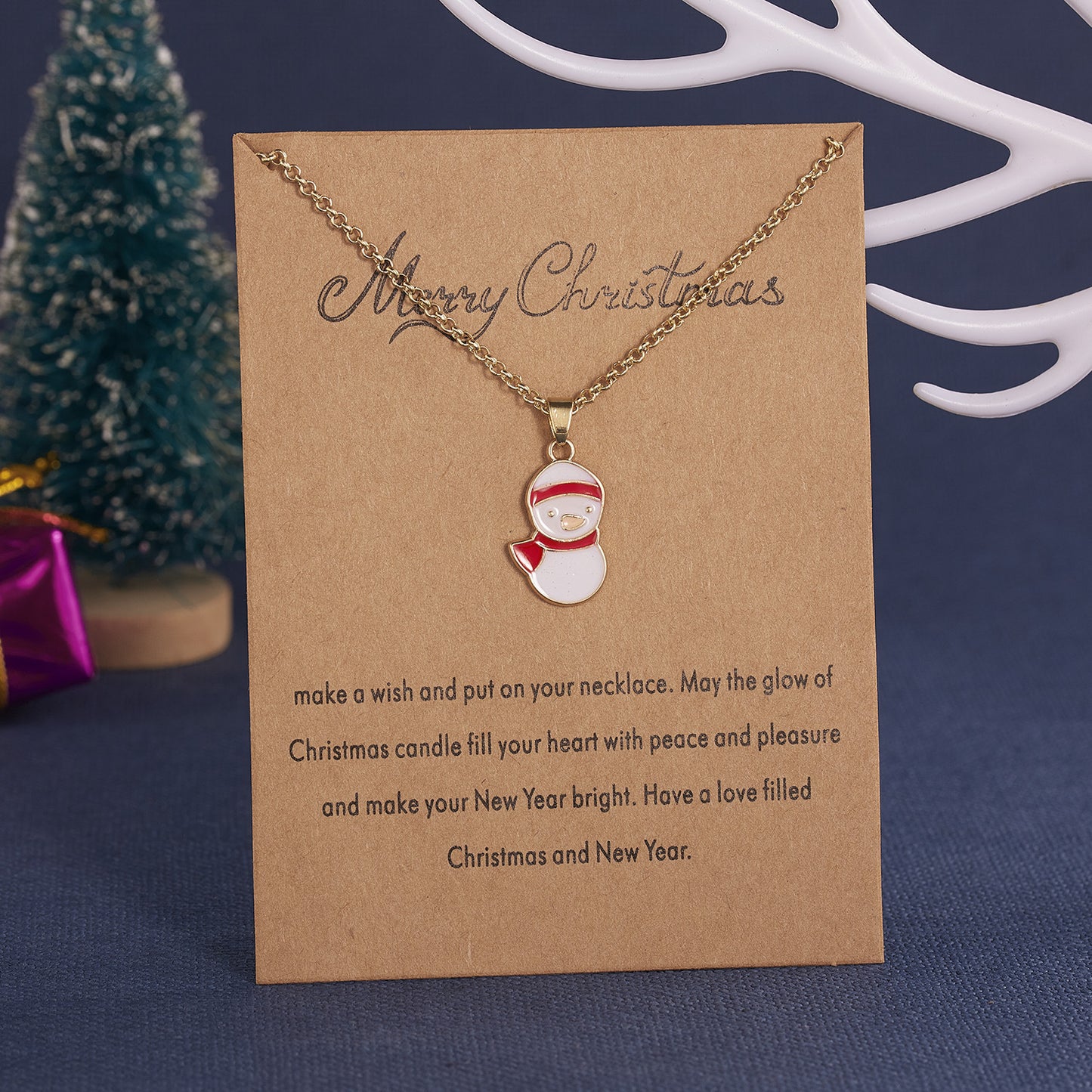 Christmas Tree Snowman Wishing Painting Oil Paper Card Necklace