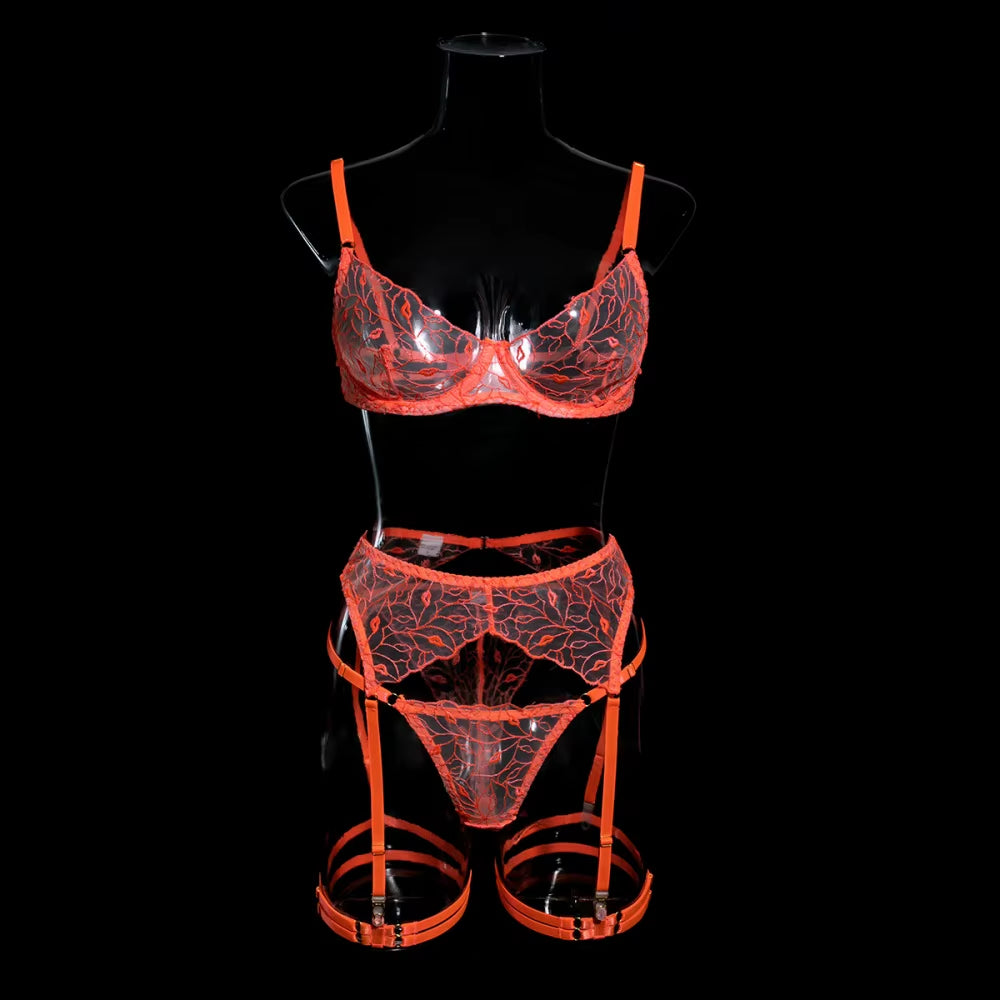 Sexy Orange Transparent Lips Embroidery 3Pcs Fancy Woman Bra and Panty Underwear Set with Leg Rings Erotic Lingerie Sets