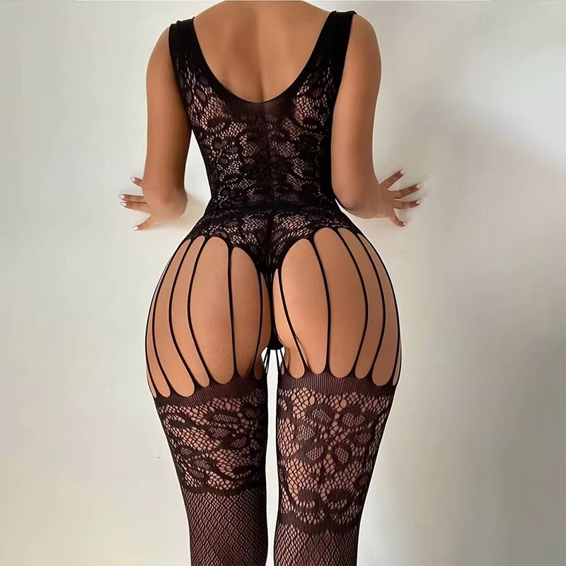 Women Fishnet Long Sleeve Bodycon Underwear Bodysuits Mesh Hollow Mini Dresses Sexy Crotchless Lingerie Erotic Teddies Bodysuit