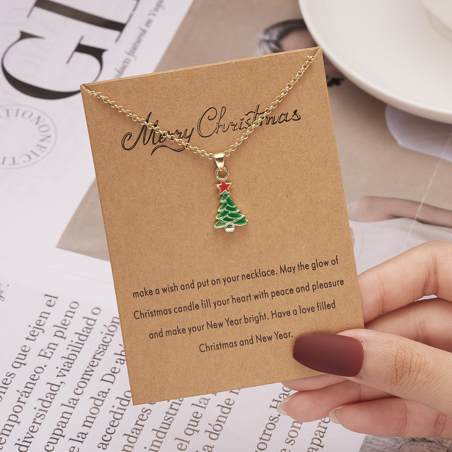Christmas Tree Snowman Wishing Painting Oil Paper Card Necklace