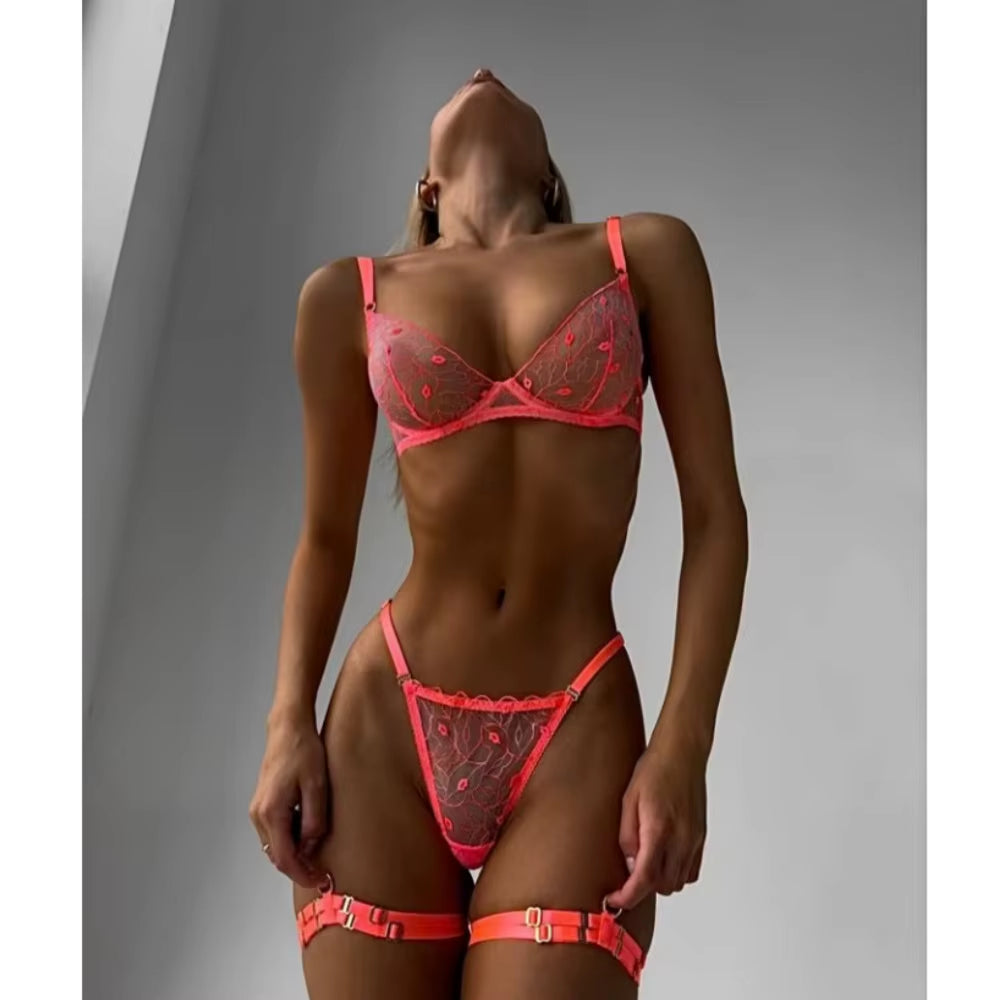 Sexy Orange Transparent Lips Embroidery 3Pcs Fancy Woman Bra and Panty Underwear Set with Leg Rings Erotic Lingerie Sets