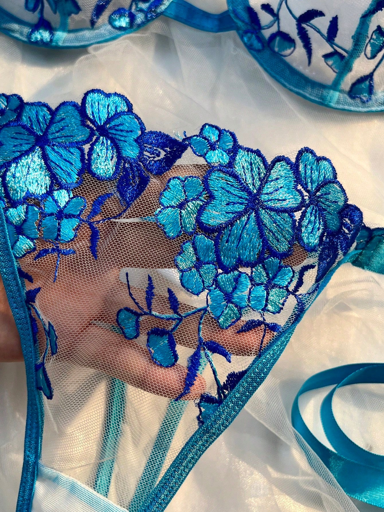 2Pcs/Set Sky Blue Embroidered Strap Ladies Sexy Lingerie Set