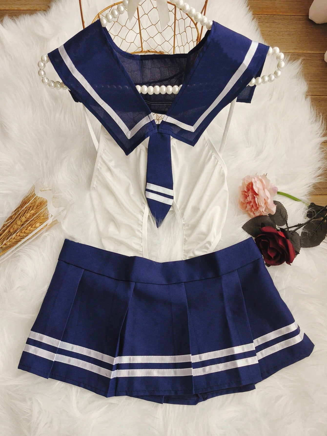 College Style Cosplay Outfit , 3Pcs Set: Crotchless Jumpsuit, Collar, Skirt, Sexy Lingerie for Women, Rave