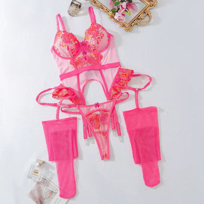 Transparent Tulle Embroidered Bra and Brief Women'S Underwear Set with Stockings Fashion Sexy Lingerie Women Set
