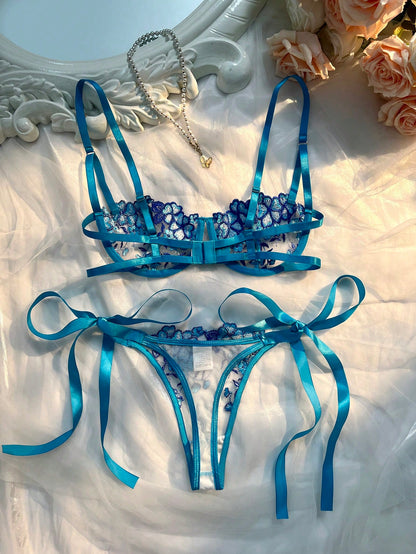2Pcs/Set Sky Blue Embroidered Strap Ladies Sexy Lingerie Set