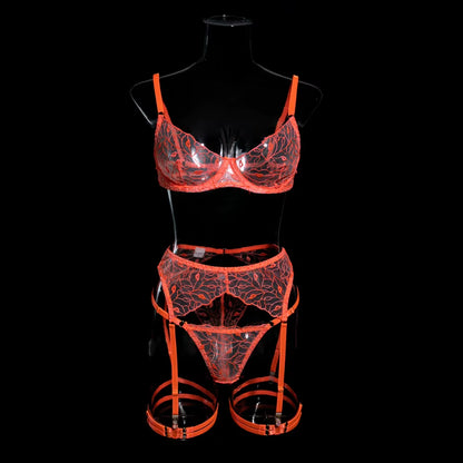 Sexy Orange Transparent Lips Embroidery 3Pcs Fancy Woman Bra and Panty Underwear Set with Leg Rings Erotic Lingerie Sets